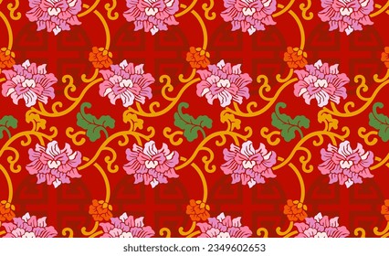 Seamless Chinese new year pattern. Lunar new year background. Asian oriental traditional ornament. Old retro flower repeat texture. Red background. Red packet, red banner, and greeting card materials.