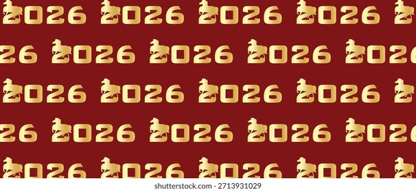 Modelo inconsútil del año Nuevo chino con el símbolo del caballo de 2026 en el fondo rojo, fondo decorativo tradicional del año nuevo lunar