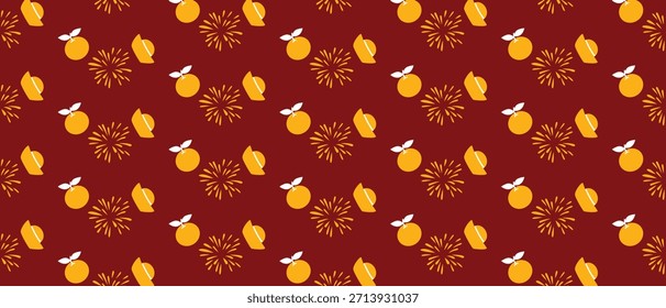 Seamless Chinese New Year pattern with oranges, fireworks and traditional Chinese headwear on red background