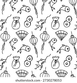 Nahtloses chinesisches Neujahr. Vektormuster. Handgezeichneter festlicher Bericht. Kontur Doodle traditionellen Symbole Hintergrund. Für Textilien. Design, Verpackung, Papier, Druck. Religion, Lebensstil, Feng Shui