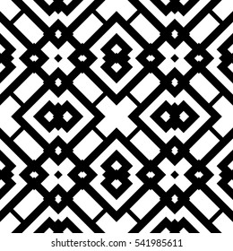 Seamless Chinese ornamental window tracery pattern. Repeated stylized black rhombuses and crossed diagonal lines on white background. Trellis motif. Symmetric grid wallpaper. Digital paper. Vector