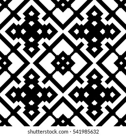 Seamless Chinese ornamental window tracery pattern. Repeated stylized black rhombuses and crossed diagonal lines on white background. Trellis motif. Symmetric grid wallpaper. Digital paper. Vector