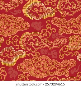 Seamless chinese pattern with clouds. Red and gold template symbols. Ethnic ornament .Trendy print for design. Vector clipart