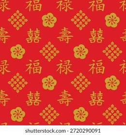 Padrão chinês contínuo com símbolos auspiciosos de ouro para sorte e prosperidade em um fundo vermelho. Ideal para Ano Novo Lunar e decoração festiva.