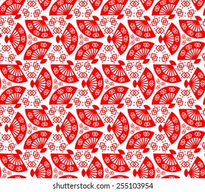 Seamless Chinese Pattern of Red Fan  Decorated With The Fang Sheng Symbol  (Overlapped Double Square) , which Means Blessed And Good Luck, on White Background. 