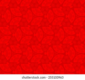 Seamless Chinese Pattern of Red Fan Decorated With The Fang Sheng Symbol  (Overlapped Double Square) , which Means Blessed And Good Luck.