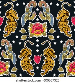Seamless chinese pattern. Set of stickers, pins, patches and handwritten notes collection in cartoon.Tiger, dragon, bird and flower. Vector illustration