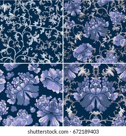 Patrón chino sin foco. Papel de fondo de color acuático con adorno floral.