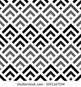 Seamless Chinese window tracery pattern design. Repeated black diamonds and angle brackets on white background. Scallop ornament. Image with scales. Ancient japanese scallops motif. Squama. Vector art