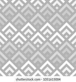 Seamless Chinese window tracery pattern design. Repeated black diamonds and angle brackets on white background. Scallop ornament. Image with scales. Ancient japanese scallops motif. Squama. Vector art