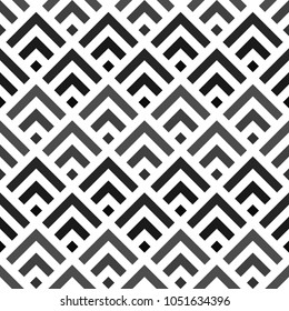 Seamless Chinese window tracery pattern design. Repeated black diamonds and angle brackets on white background. Scallop ornament. Image with scales. Ancient japanese scallops motif. Squama. Vector art