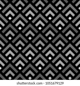 Seamless Chinese window tracery pattern design. Repeated black diamonds and angle brackets on white background. Scallop ornament. Image with scales. Ancient japanese scallops motif. Squama. Vector art