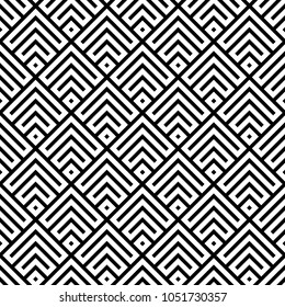 Seamless Chinese window tracery pattern design. Repeated black diamonds and angle brackets on white background. Scallop ornament. Image with scales. Ancient japanese scallops motif. Squama. Vector art