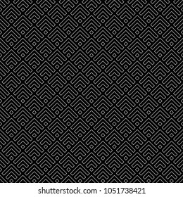 Seamless Chinese window tracery pattern design. Repeated black diamonds and angle brackets on white background. Scallop ornament. Image with scales. Ancient japanese scallops motif. Squama. Vector art