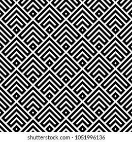 Seamless Chinese window tracery pattern design. Repeated black diamonds and angle brackets on white background. Scallop ornament. Image with scales. Ancient japanese scallops motif. Squama. Vector art
