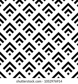 Seamless Chinese window tracery pattern design. Repeated black diamonds and angle brackets on white background. Scallop ornament. Image with scales. Ancient japanese scallops motif. Squama. Vector art
