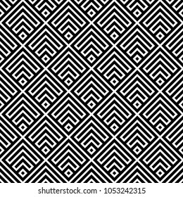Seamless Chinese window tracery pattern design. Repeated black diamonds and angle brackets on white background. Scallop ornament. Image with scales. Ancient japanese scallops motif. Squama. Vector art