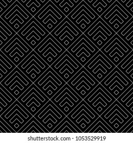 Seamless Chinese window tracery pattern design. Repeated black diamonds and angle brackets on white background. Scallop ornament. Image with scales. Ancient japanese scallops motif. Squama. Vector art