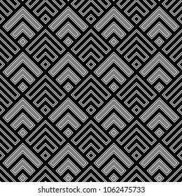 Seamless Chinese window tracery pattern design. Repeated black diamonds and angle brackets on white background. Scallop ornament. Image with scales. Ancient japanese scallops motif. Squama. Vector art