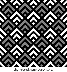 Seamless Chinese window tracery pattern design. Repeated black diamonds and angle brackets on white background. Scallop ornament. Image with scales. Ancient japanese scallops motif. Squama. Vector art