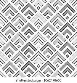 Seamless Chinese window tracery pattern design. Repeated black diamonds and angle brackets on white background. Scallop ornament. Image with scales. Ancient japanese scallops motif. Squama. Vector art
