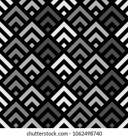 Seamless Chinese window tracery pattern design. Repeated black diamonds and angle brackets on white background. Scallop ornament. Image with scales. Ancient japanese scallops motif. Squama. Vector art