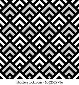 Seamless Chinese window tracery pattern design. Repeated black diamonds and angle brackets on white background. Scallop ornament. Image with scales. Ancient japanese scallops motif. Squama. Vector art