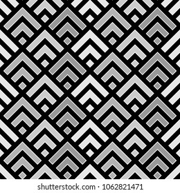 Seamless Chinese window tracery pattern design. Repeated black diamonds and angle brackets on white background. Scallop ornament. Image with scales. Ancient japanese scallops motif. Squama. Vector art