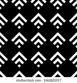 Seamless Chinese window tracery pattern design. Repeated black diamonds and angle brackets on white background. Scallop ornament. Image with scales. Ancient japanese scallops motif. Squama. Vector art