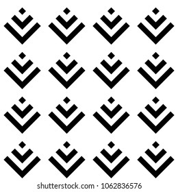 Seamless Chinese window tracery pattern design. Repeated black diamonds and angle brackets on white background. Scallop ornament. Image with scales. Ancient japanese scallops motif. Squama. Vector art