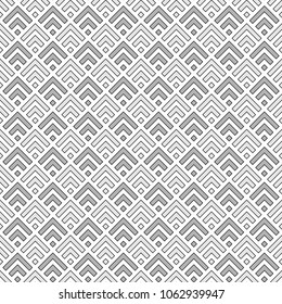Seamless Chinese window tracery pattern design. Repeated black diamonds and angle brackets on white background. Scallop ornament. Image with scales. Ancient japanese scallops motif. Squama. Vector art
