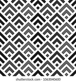 Seamless Chinese window tracery pattern design. Repeated black diamonds and angle brackets on white background. Scallop ornament. Image with scales. Ancient japanese scallops motif. Squama. Vector art