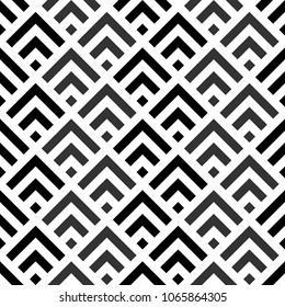 Seamless Chinese window tracery pattern design. Repeated black diamonds and angle brackets on white background. Scallop ornament. Image with scales. Ancient japanese scallops motif. Squama. Vector art