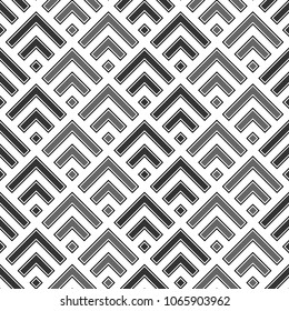 Seamless Chinese window tracery pattern design. Repeated black diamonds and angle brackets on white background. Scallop ornament. Image with scales. Ancient japanese scallops motif. Squama. Vector art