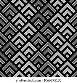 Seamless Chinese window tracery pattern design. Repeated black diamonds and angle brackets on white background. Scallop ornament. Image with scales. Ancient japanese scallops motif. Squama. Vector art