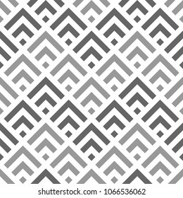 Seamless Chinese window tracery pattern design. Repeated black diamonds and angle brackets on white background. Scallop ornament. Image with scales. Ancient japanese scallops motif. Squama. Vector art