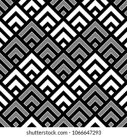Seamless Chinese window tracery pattern design. Repeated black diamonds and angle brackets on white background. Scallop ornament. Image with scales. Ancient japanese scallops motif. Squama. Vector art