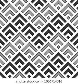 Seamless Chinese window tracery pattern design. Repeated black diamonds and angle brackets on white background. Scallop ornament. Image with scales. Ancient japanese scallops motif. Squama. Vector art