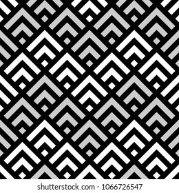 Seamless Chinese window tracery pattern design. Repeated black diamonds and angle brackets on white background. Scallop ornament. Image with scales. Ancient japanese scallops motif. Squama. Vector art
