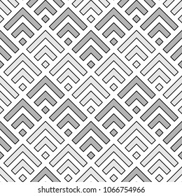Seamless Chinese window tracery pattern design. Repeated black diamonds and angle brackets on white background. Scallop ornament. Image with scales. Ancient japanese scallops motif. Squama. Vector art