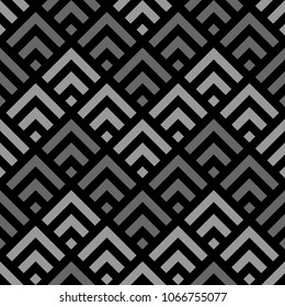 Seamless Chinese window tracery pattern design. Repeated black diamonds and angle brackets on white background. Scallop ornament. Image with scales. Ancient japanese scallops motif. Squama. Vector art