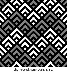 Seamless Chinese window tracery pattern design. Repeated black diamonds and angle brackets on white background. Scallop ornament. Image with scales. Ancient japanese scallops motif. Squama. Vector art