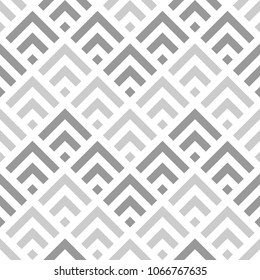 Seamless Chinese window tracery pattern design. Repeated black diamonds and angle brackets on white background. Scallop ornament. Image with scales. Ancient japanese scallops motif. Squama. Vector art