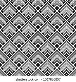 Seamless Chinese window tracery pattern design. Repeated black diamonds and angle brackets on white background. Scallop ornament. Image with scales. Ancient japanese scallops motif. Squama. Vector art