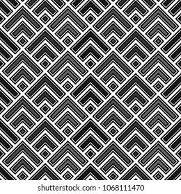 Seamless Chinese window tracery pattern design. Repeated black diamonds and angle brackets on white background. Scallop ornament. Image with scales. Ancient japanese scallops motif. Squama. Vector art