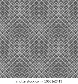 Seamless Chinese window tracery pattern design. Repeated black diamonds and angle brackets on white background. Scallop ornament. Image with scales. Ancient japanese scallops motif. Squama. Vector art