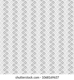 Seamless Chinese window tracery pattern design. Repeated black diamonds and angle brackets on white background. Scallop ornament. Image with scales. Ancient japanese scallops motif. Squama. Vector art