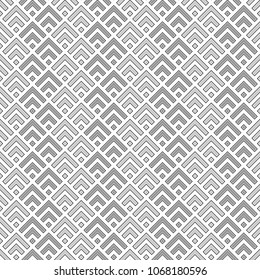Seamless Chinese window tracery pattern design. Repeated black diamonds and angle brackets on white background. Scallop ornament. Image with scales. Ancient japanese scallops motif. Squama. Vector art