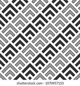 Seamless Chinese window tracery pattern design. Repeated black diamonds and angle brackets on white background. Scallop ornament. Image with scales. Ancient japanese scallops motif. Squama. Vector art