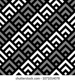 Seamless Chinese window tracery pattern design. Repeated black diamonds and angle brackets on white background. Scallop ornament. Image with scales. Ancient japanese scallops motif. Squama. Vector art